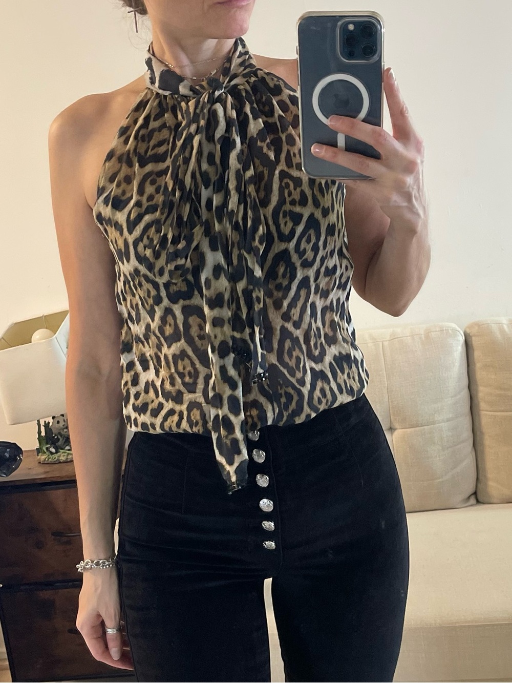 Blumarine Italy Archive Leopard Print Sheer Chiffon Halter Wrap Top Size IT 42 S